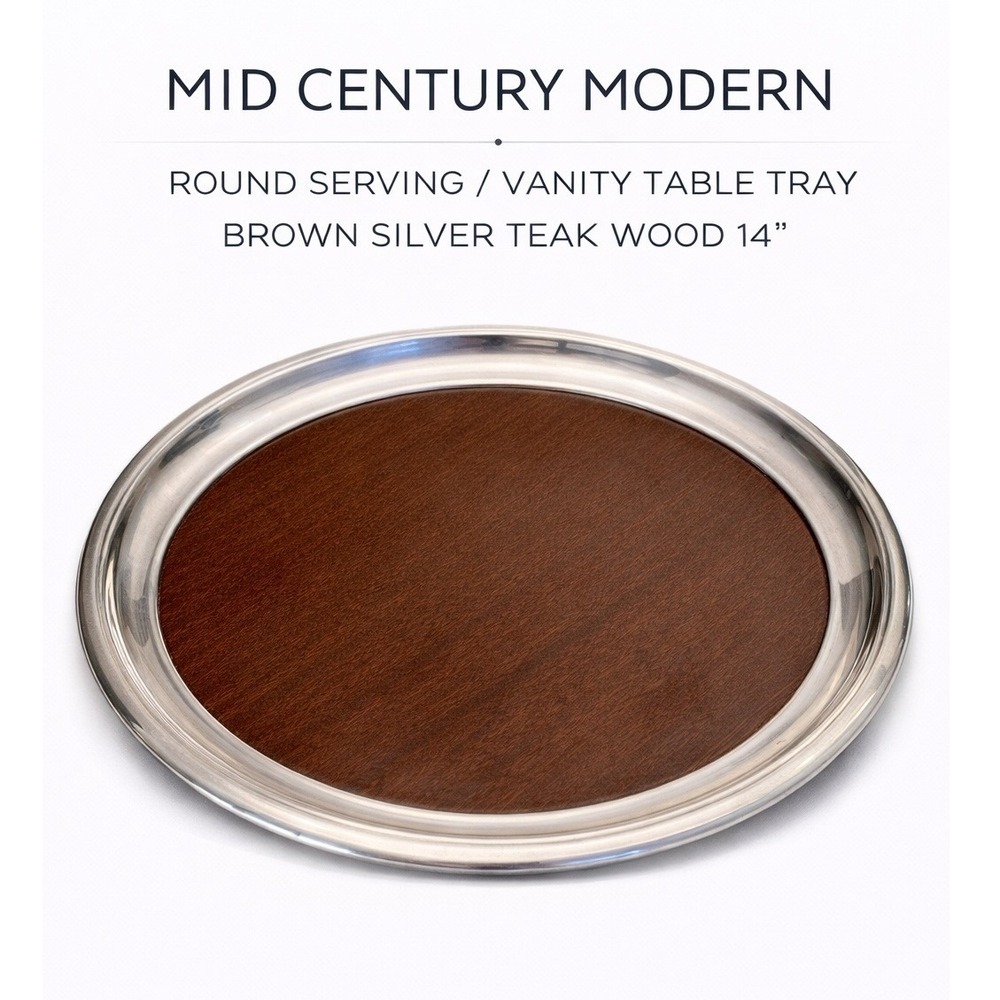 Mid Century Modern Round Serving Vanity Tray Brown Silver Teak Wood 14 Inch MCM